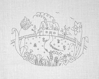 Cottage Garden Hand Embroidery Pattern, Vintage Embroidery, Embroidery PDF, Digital Hand Embroidery Pattern, Embroidery Art, PDF Pattern