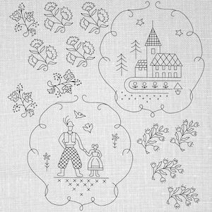 May include: Black and white line art embroidery design on a linen background. The design features floral elements, a building with a steeple, and a couple in traditional clothing. The design is enclosed in decorative borders.