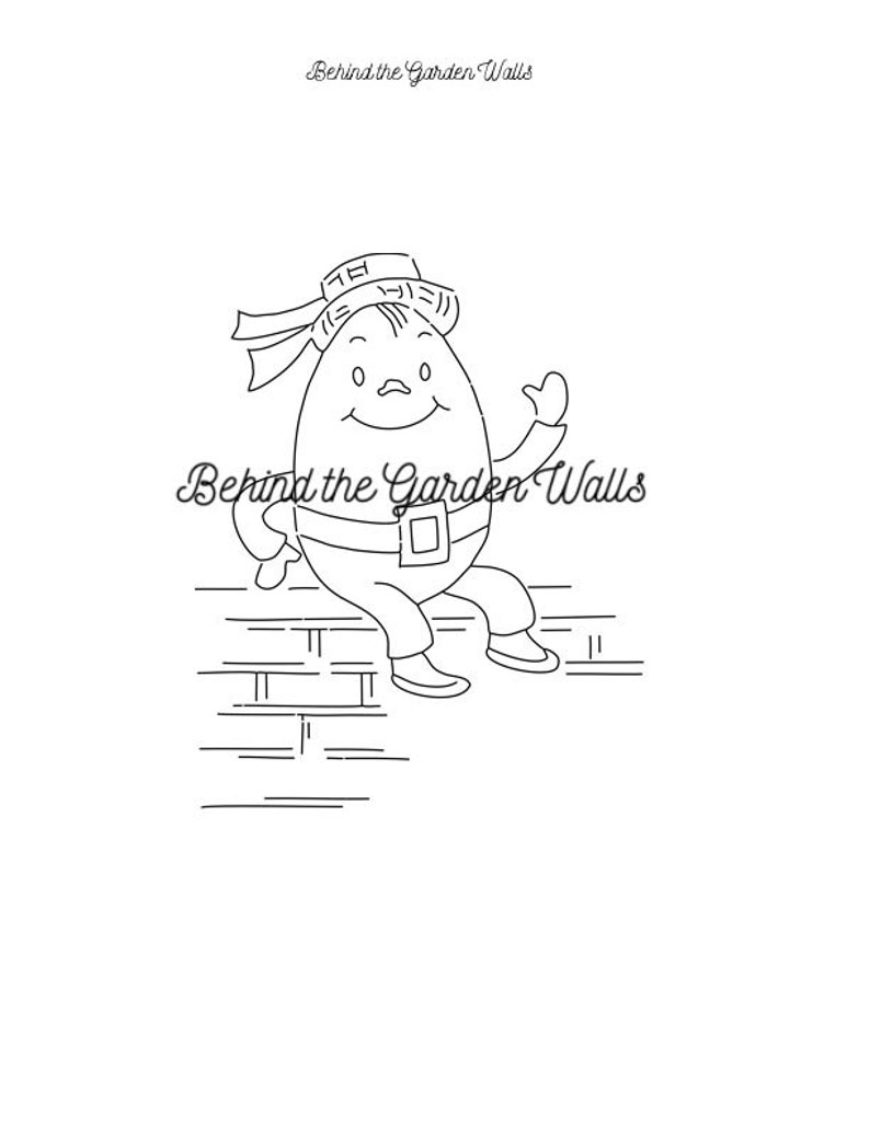 May include: Black and white line drawing of an egg-shaped character wearing a hat and sitting on a brick wall. The character is smiling and waving. The text "Behind the Garden Walls" is written above and below the character.