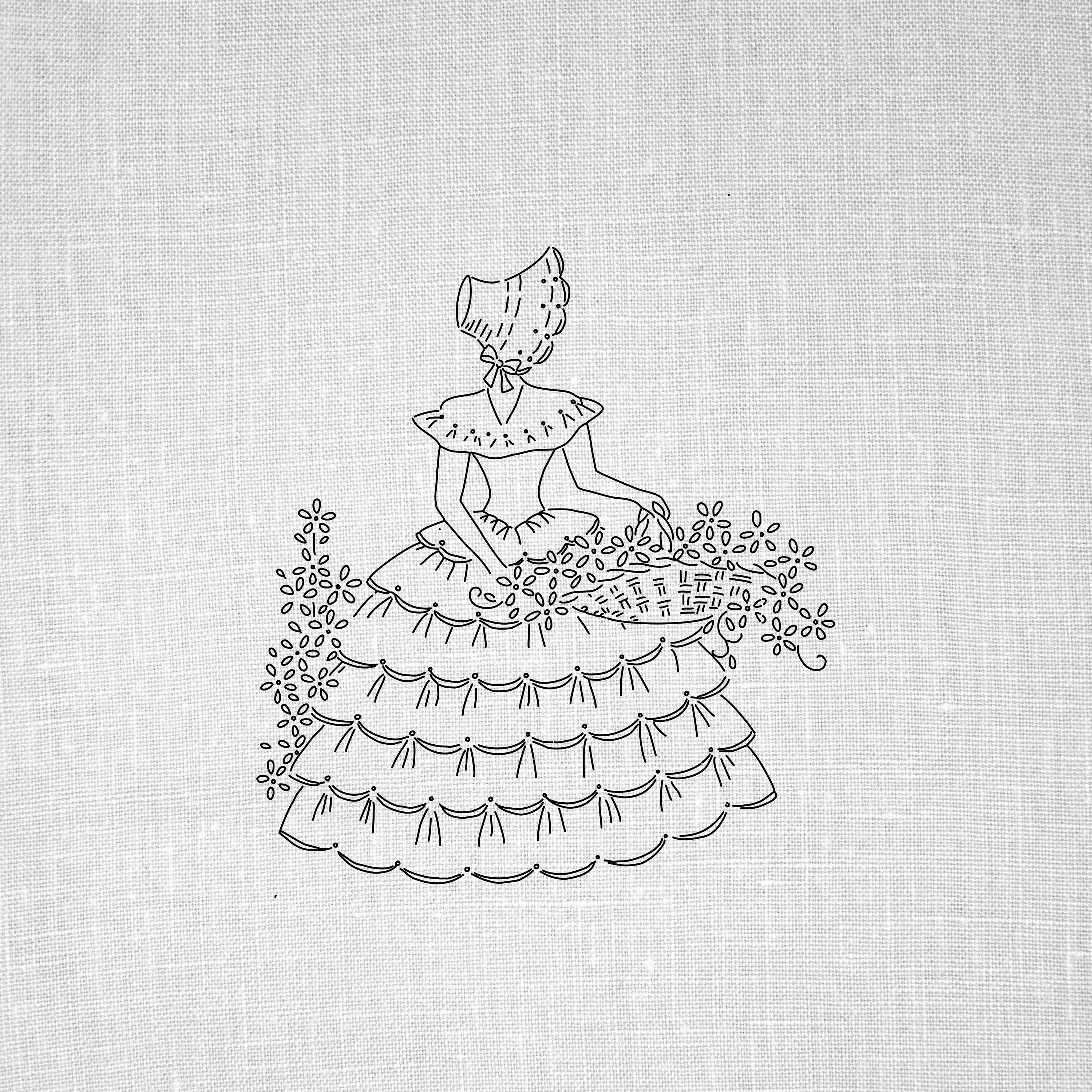 Vintage Embroidery Pattern Crinoline Lady Hollyhocks Roses Magazine Pattern 80s
