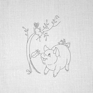 May include: A black and white line drawing of a pig with a bow on its head. The pig is looking to the left and has a flower in its mouth. The pig is surrounded by a floral design.