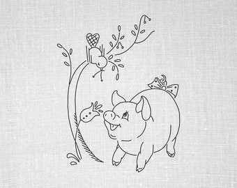 Pig on a Farm Hand Embroidery Pattern, Bird in a Tree Hand Embroidery Design, Embroidery, Hand Embroidery PDF, PDF Pattern, Nursery Decor