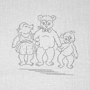 May include: Line drawing of three stuffed animals: a bear wearing a bow tie, a bear with a simple design, and a bear wearing a dress. The bears are standing side by side.