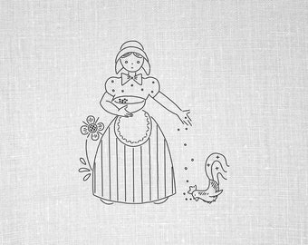 Modèle de transfert de broderie à la main PDF Farmers Wife Nourrir le poulet vintage Transfer Design Modèle de broderie imprimable PDF Pattern