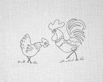 Rooster and Hen Hand Embroidery Pattern, Vintage Hand Embroidery Design, PDF File, Embroidery Pattern, Printable Embroidery Pattern Chickens