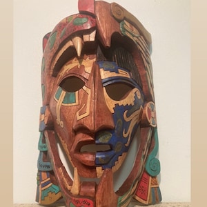 Wood Carved Hand Made Mayan Mask from Chichen Itza Yucatan Mexico Traditional Warrior Soldier Pyramid Sun Moon Jaguar Snake God Dios
