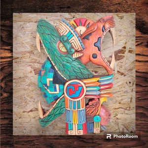 Wood Carved Hand Made Mayan Mask from Chichen Itza Yucatan Mexico Traditional Warrior Soldier Pyramid Sun Moon Jaguar Snake God Dios