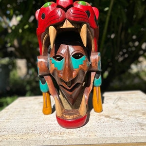 Wood Carved Hand Made Maya Mask from Chichen Itza Yucatan Mexico Traditional Warrior Soldier Pyramid Sun Moon Jaguar Snake God Dios