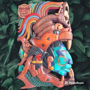 Large Mayan Profile Warrior Hand Carved Cedar Wood Serpent Skull Jaguar Eagle Hand Made Mayan Mask from Chichen Itza Yucatan Mexico