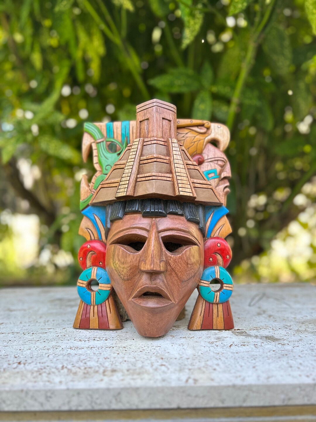 Wood Carved Hand Made Maya Mask From Chichen Itza Yucatan Etsy