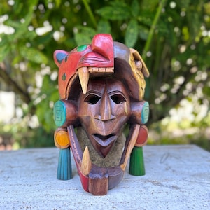 Wood Carved Hand Made Maya Mask from Chichen Itza Yucatan Mexico Traditional Warrior Soldier Pyramid Sun Moon Jaguar Snake God Dios