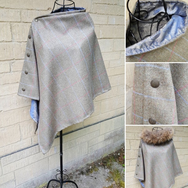 Tweed poncho wrap cape beige/green with pink blue check paisley satin