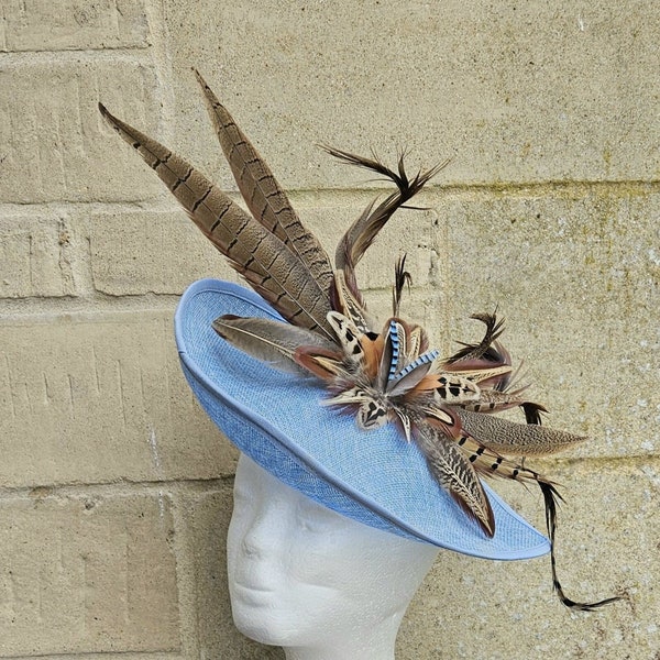Large Pheasant Feather Teardrop Sinamay light blue fascinator clip or hair band