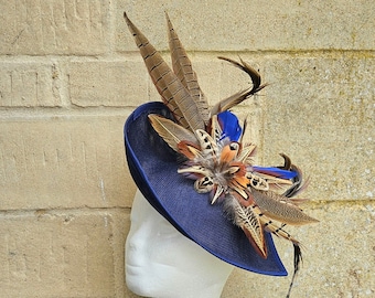 Blue and Brown Feather Headpiece Large Navy Blue Brown Pheasant Feather Fascinator Hat Big  main image 3