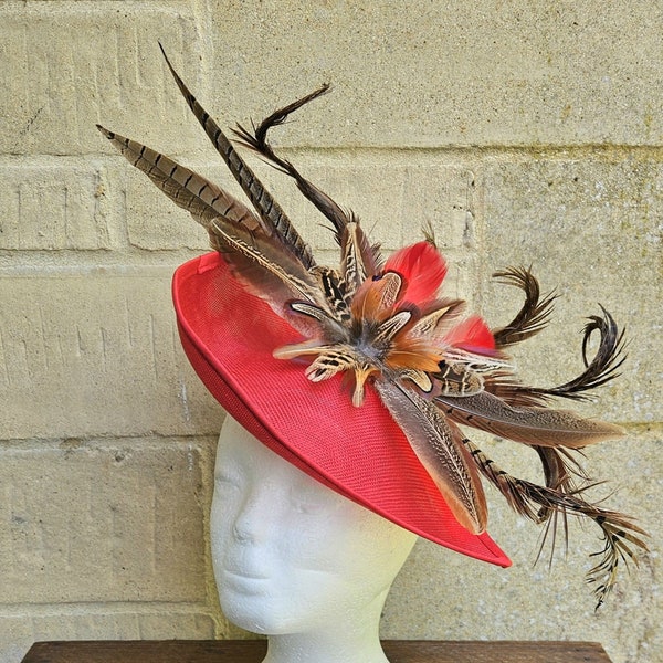 Large Pheasant Feather Teardrop Sinamay Red fascinator clip or hair band