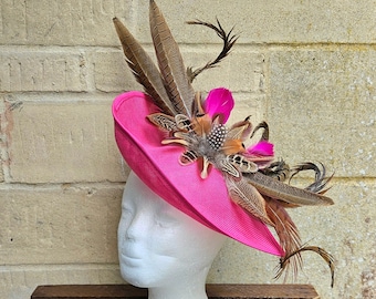 Chiffon Rose & Feather Pink Fascinator Hat for Women Pearlescent Rose Pink Chiffon Flower Fascinator With Feathers main image 4