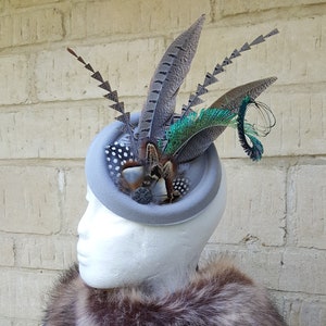 Pheasant feather grey pillbox fascinator clip hair accessory