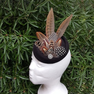 Pheasant and guinea fowl feather black pillbox fascinator clip hair accessory