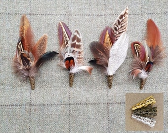 Pheasant feather brooch, hat lapel pin, wedding buttonhole, Country wear. boxed
