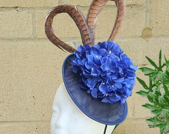Pheasant Feather Navy blue Sinamay flower fascinator clip or hair band