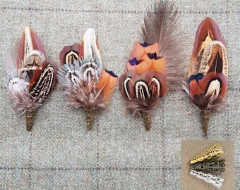 Pheasant feather brooch, hat lapel pin, wedding buttonhole, Country wear. boxed