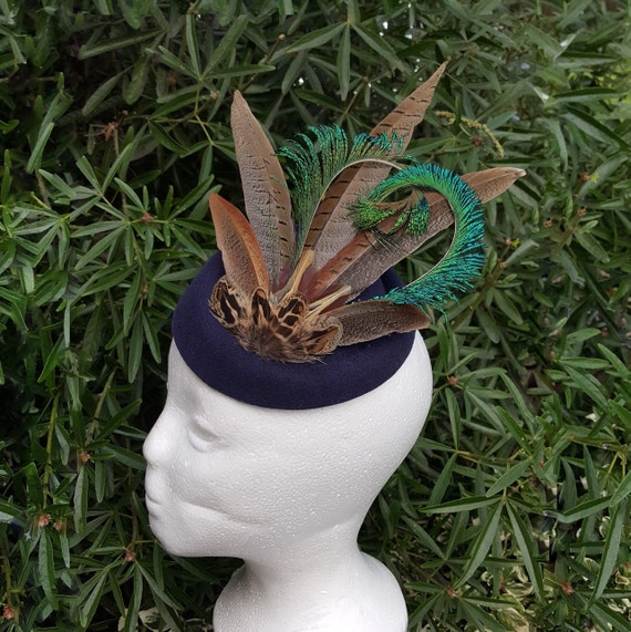 Pheasant and peacock feather navy pillbox fascinator clip or hair band accessory