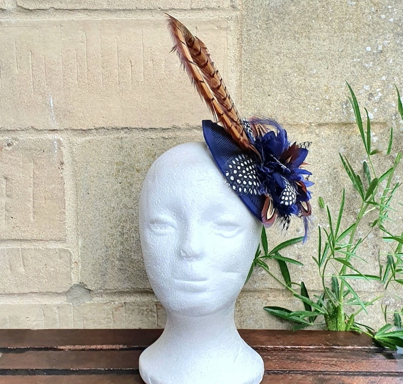 Pheasant and guinea fowl Feather Sinamay flower fascinator clip or hair band image 6