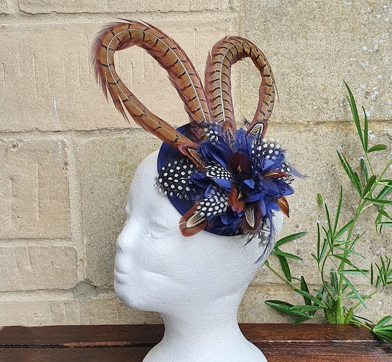 Pheasant and guinea fowl Feather Sinamay flower fascinator clip or hair band image 4