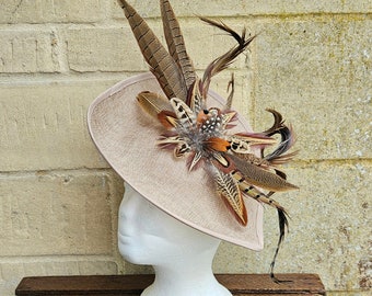 Large Pheasant Feather Teardrop Sinamay Khaki Beige fascinator clip or hair band