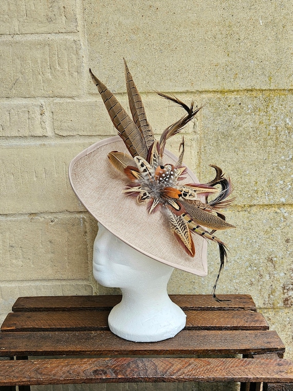 Large Pheasant Feather Teardrop Sinamay Khaki Beige fascinator clip or hair band