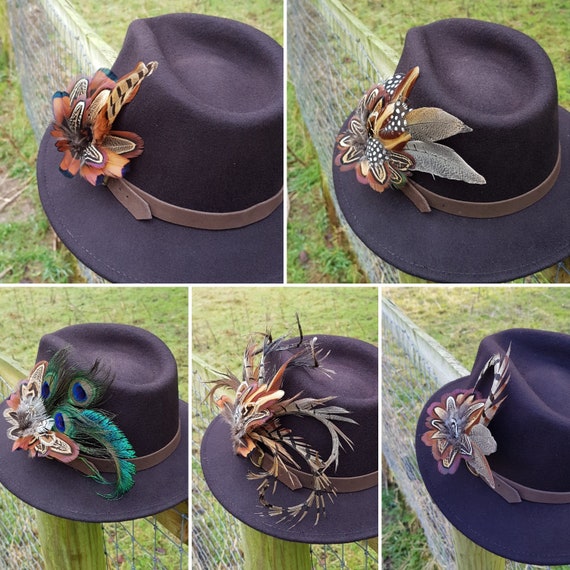 Pheasant feather leather brooch, hat lapel pin, wedding buttonhole, Country wear. boxed
