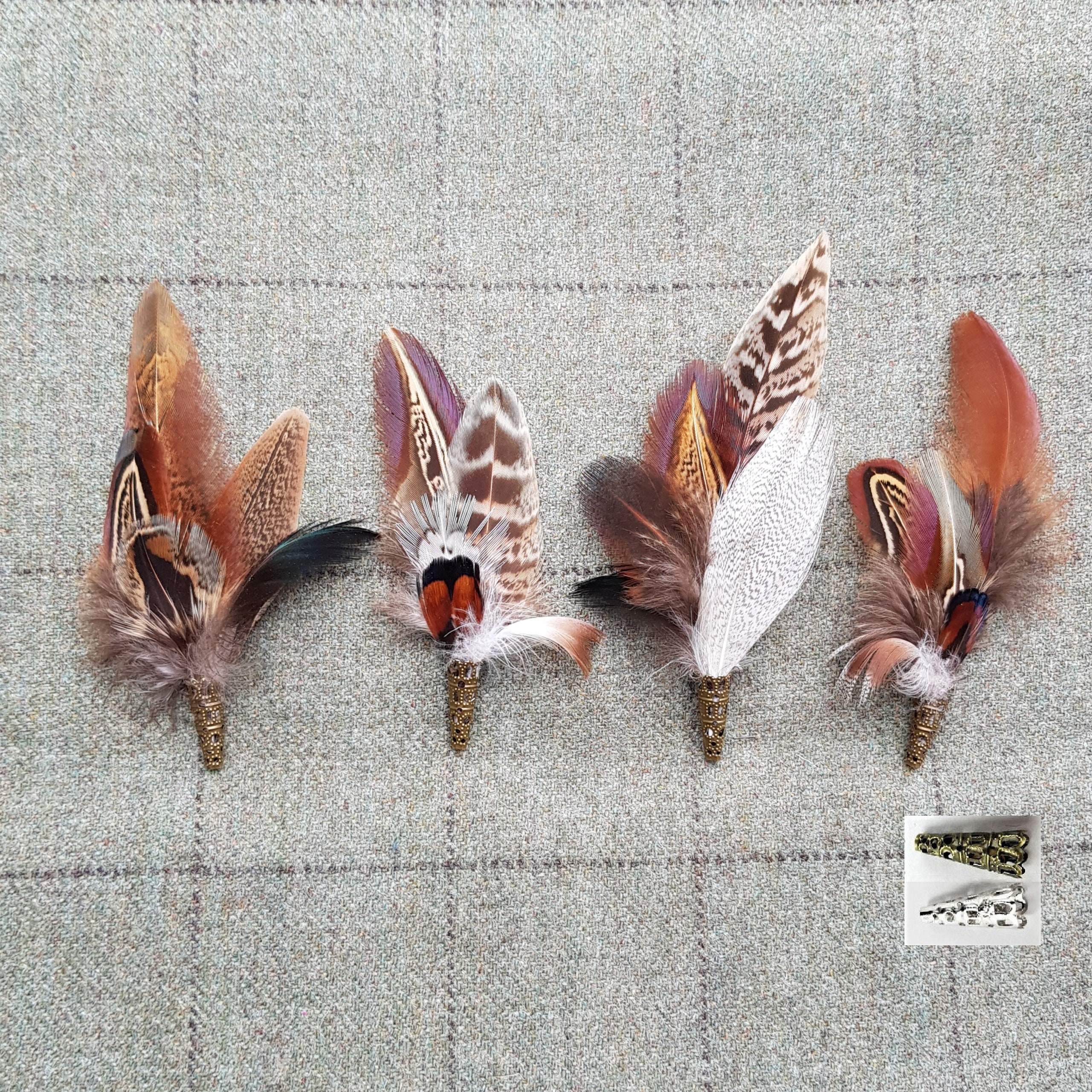 Pheasant feather brooch, hat lapel pin, wedding buttonhole, Country w…