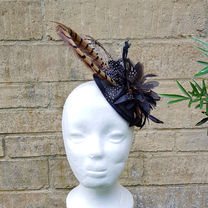 Pheasant and guinea fowl Feather Sinamay flower fascinator clip or hair band image 3