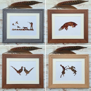 Pheasant feather silhouettes mounted and personalised