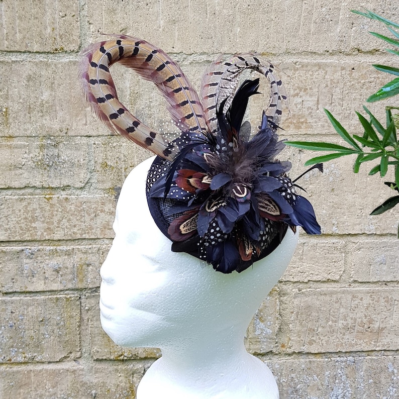 Pheasant and guinea fowl Feather Sinamay flower fascinator clip or hair band image 1