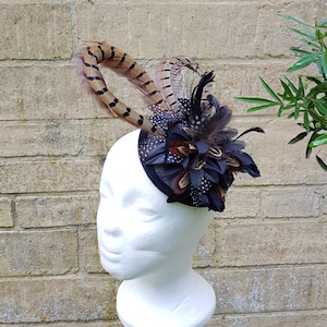 Pheasant and guinea fowl Feather Sinamay flower fascinator clip or hair band image 2
