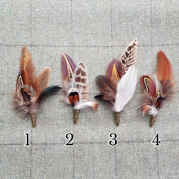 Pheasant feather brooch, hat lapel pin, wedding buttonhole, Country wear. boxed