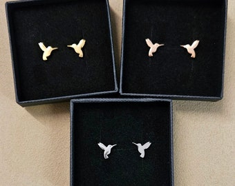 Hummingbird stud Earrings in gold, rose gold or silver. comes boxed