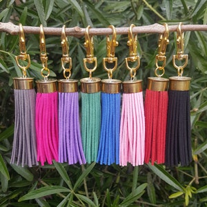 May include: Eight colourful tassel keychains with gold metal clasps and brass bullet casings. The tassels are made of suede and come in grey, pink, purple, green, blue, light pink, red, and black.