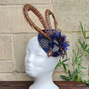 Pheasant and guinea fowl Feather Sinamay flower fascinator clip or hair band image 5