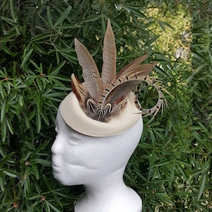 Pheasant Feather beige pillbox fascinator clip hair accessory