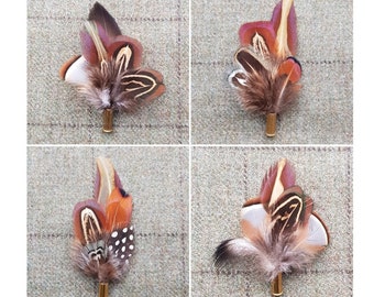 Pheasant feather brooch, hat lapel pin, wedding buttonhole, Country wear. boxed