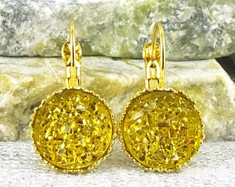 Spring Jewelry Gift Yellow Druzy Earrings Yellow Druzy Jewelry Set Yellow Druzy Earrings and Ring Set Yellow Adjustable Druzy Ring