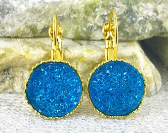 Spring Jewelry Gift Yellow Druzy Earrings Yellow Druzy Jewelry Set Yellow Druzy Earrings and Ring Set Yellow Adjustable Druzy Ring