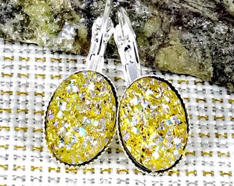 Spring Jewelry Gift Yellow Druzy Earrings Yellow Druzy Jewelry Set Yellow Druzy Earrings and Ring Set Yellow Adjustable Druzy Ring