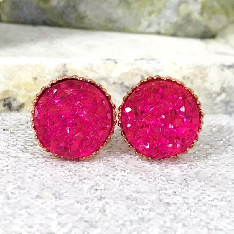 Magenta Druzy Stud Earrings Hot Pink Druzy Stud Earrings for | Etsy