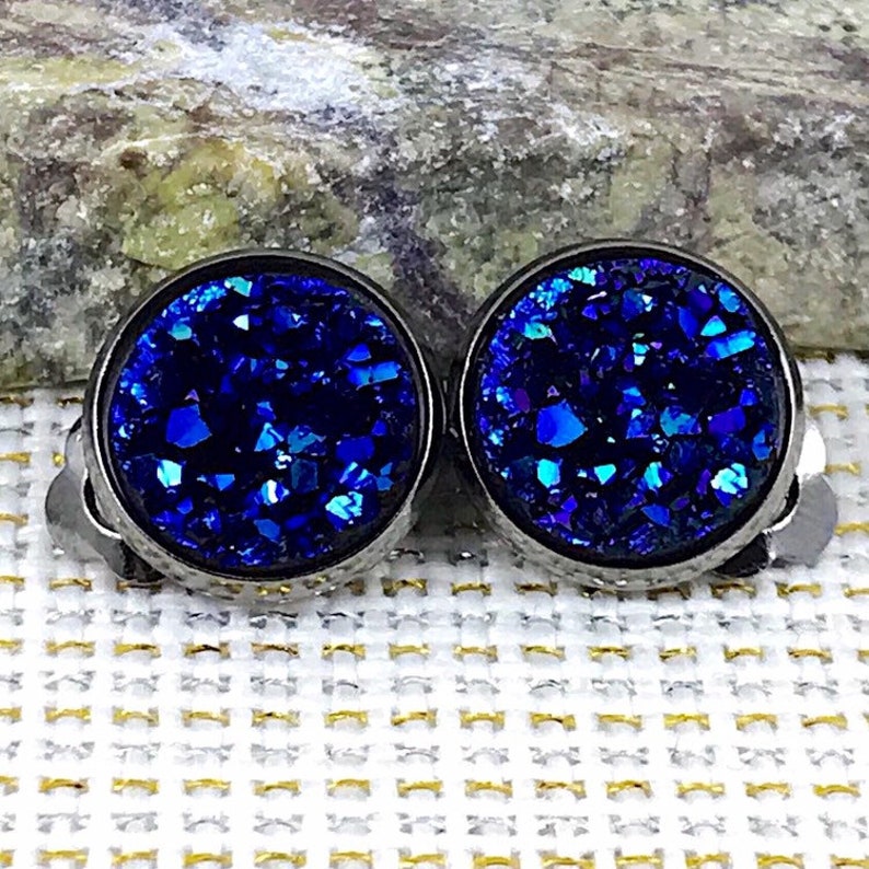 Midnight Blue Druzy Clip on Earrings for Women Unique Blue Etsy