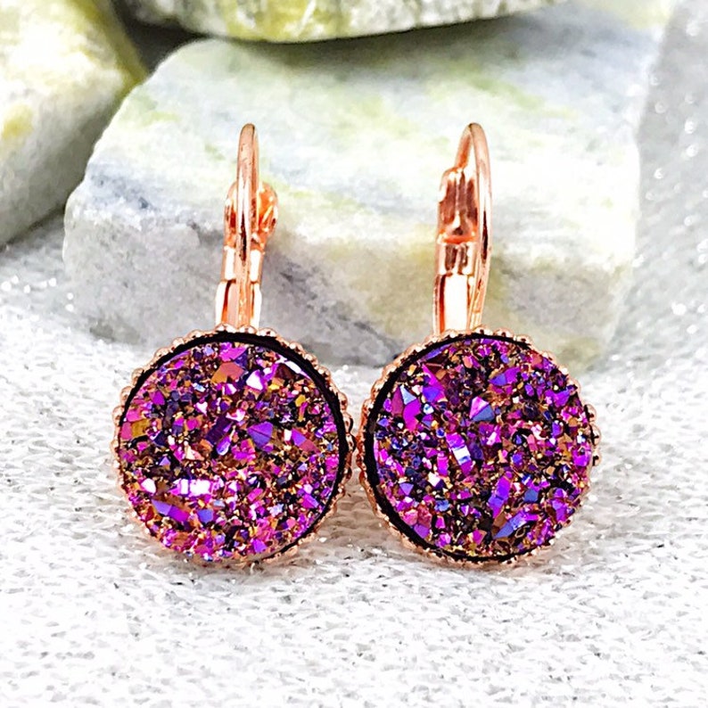 Magenta Rainbow Druzy Drop Earrings for Women - Unique Druzy Earrings for Teen Girls - Birthday Gifts for Woman - Teen Girl Birthday Gifts 