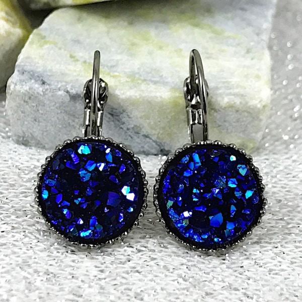 Midnight Blue Druzy Drop Earrings for Women - Deep Blue Dangle Druzy Leverback Earrings - Dark Blue Druzy Jewelry - Unique Gifts for Her