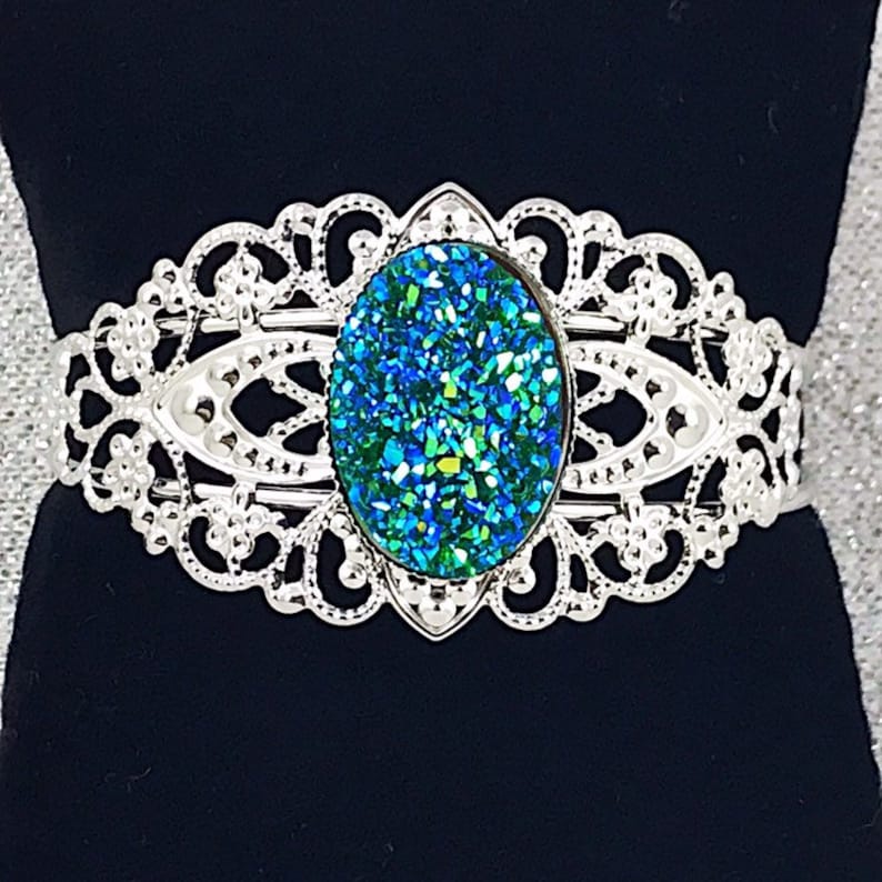 Oval Green Druzy Jewelry Green Druzy Filigree Cuff Bracelet Bridesmaid Bracelet Gifts Emerald Green Druzy Cuff Bracelet for Women